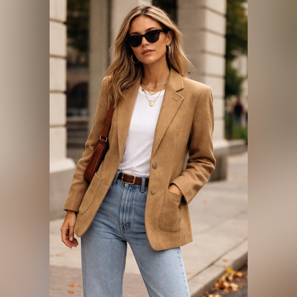 Vintage Camelhair Blazer 80s Minimalist Wool Jacket Classic Camel Tailored Coat